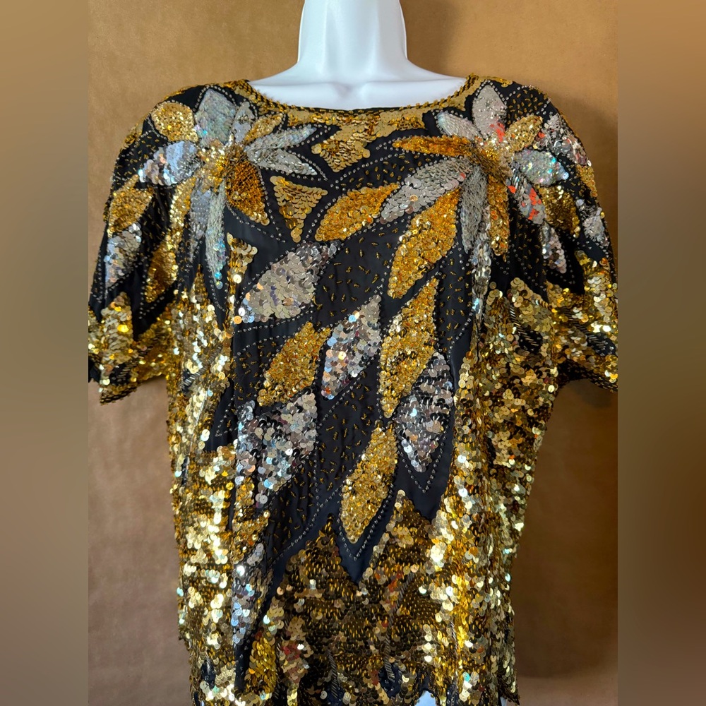Vintage party top bursting with gold and black disco 80’s nightlife
